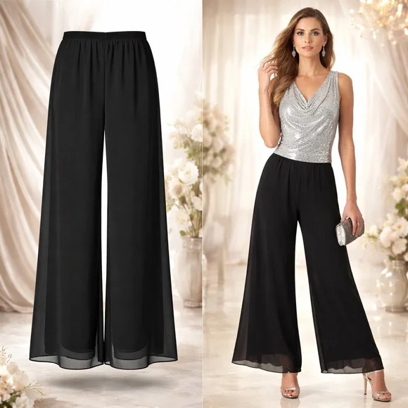 Alex Evenings | Black Chiffon Wide Leg Evening Pants | Elastic Waist | Size M - Picture 2 of 5